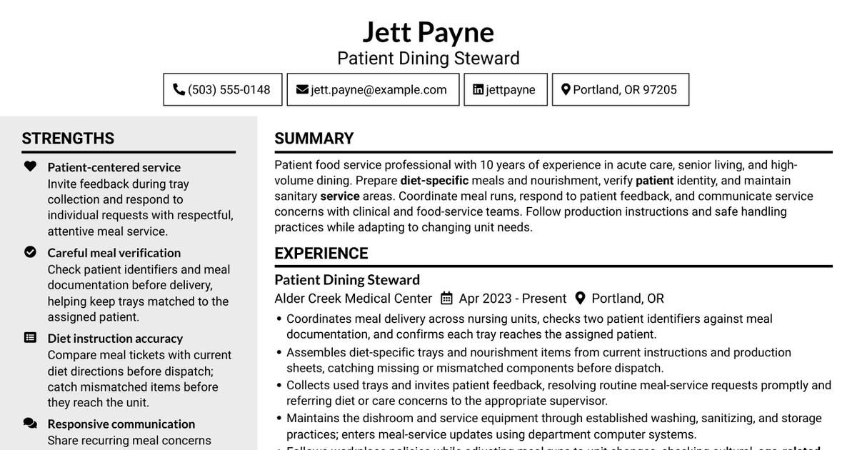 7 Steward - Patient Food Service Resume Templates with Example