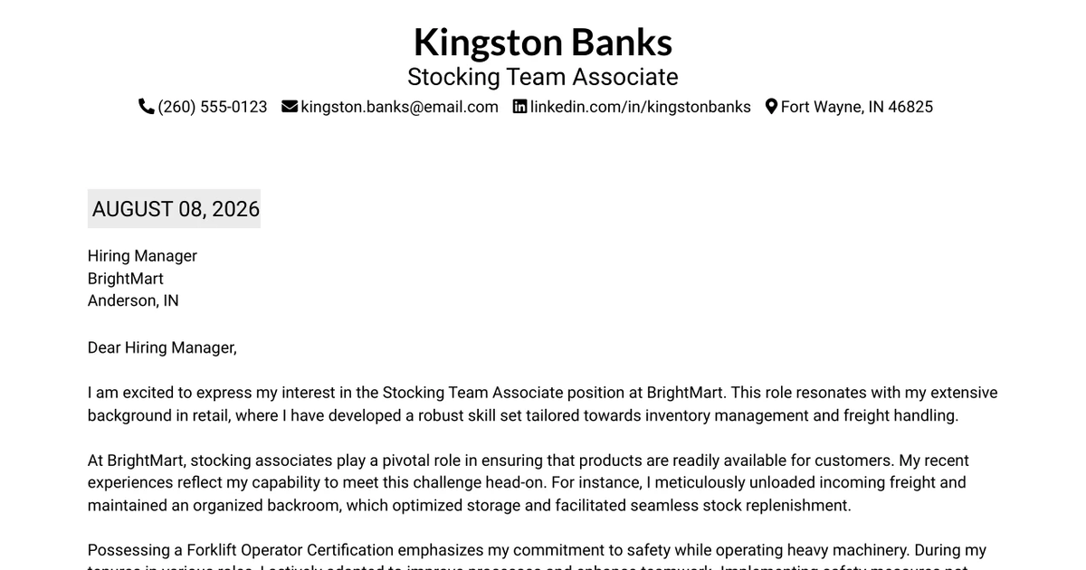 30+ Stocking Team Associate Cover Letter Templates with Example 2026