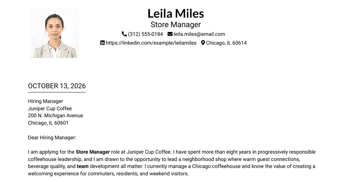 7 Store Manager - Coffeehouse Operations Cover Letter Templates with Example