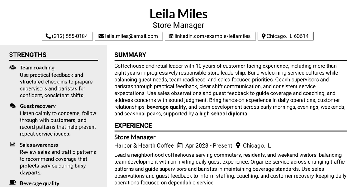 7 Store Manager - Coffeehouse Operations Resume Templates with Example