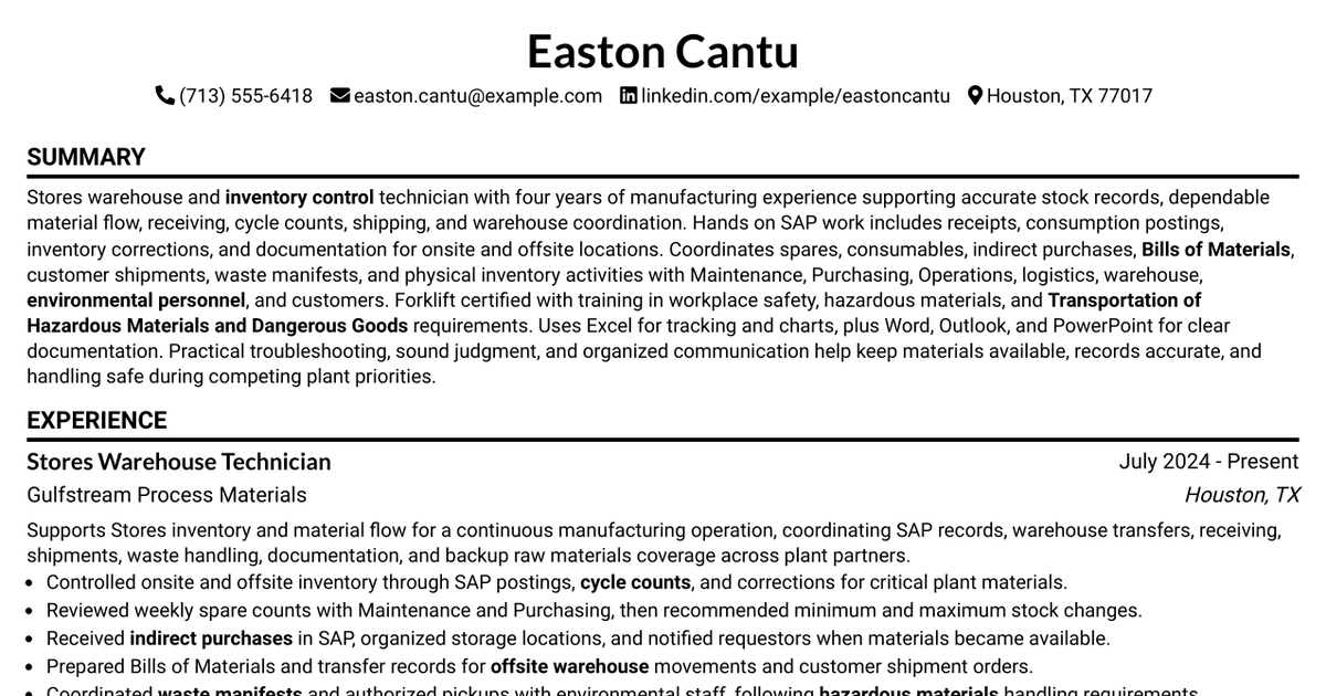 7 Stores Warehouse Technician - Inventory Control Resume Templates with Example
