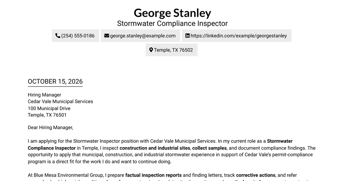 7 Stormwater Inspector - Municipal Stormwater Compliance Cover Letter Templates with Example