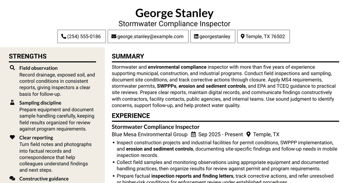 7 Stormwater Inspector - Municipal Stormwater Compliance Resume Templates with Example
