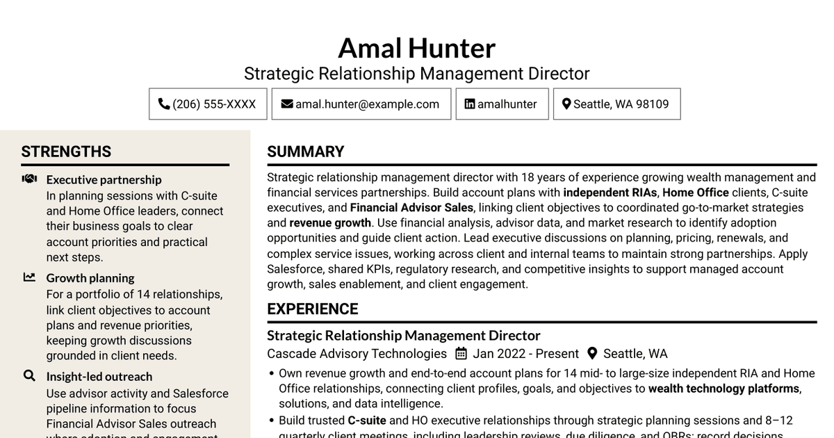 7 Strategic Relationship Management Director - WealthTech Resume Templates with Example