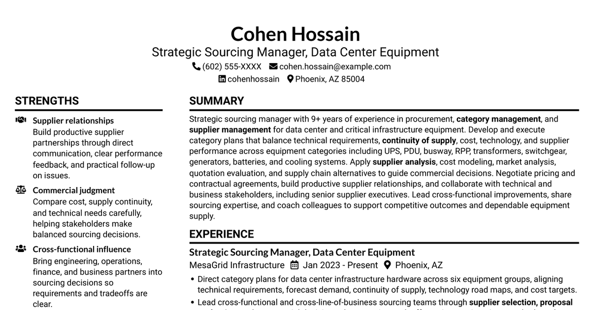 7 Strategic Sourcing Manager - Data Center Infrastructure Equipment Resume Templates with Example