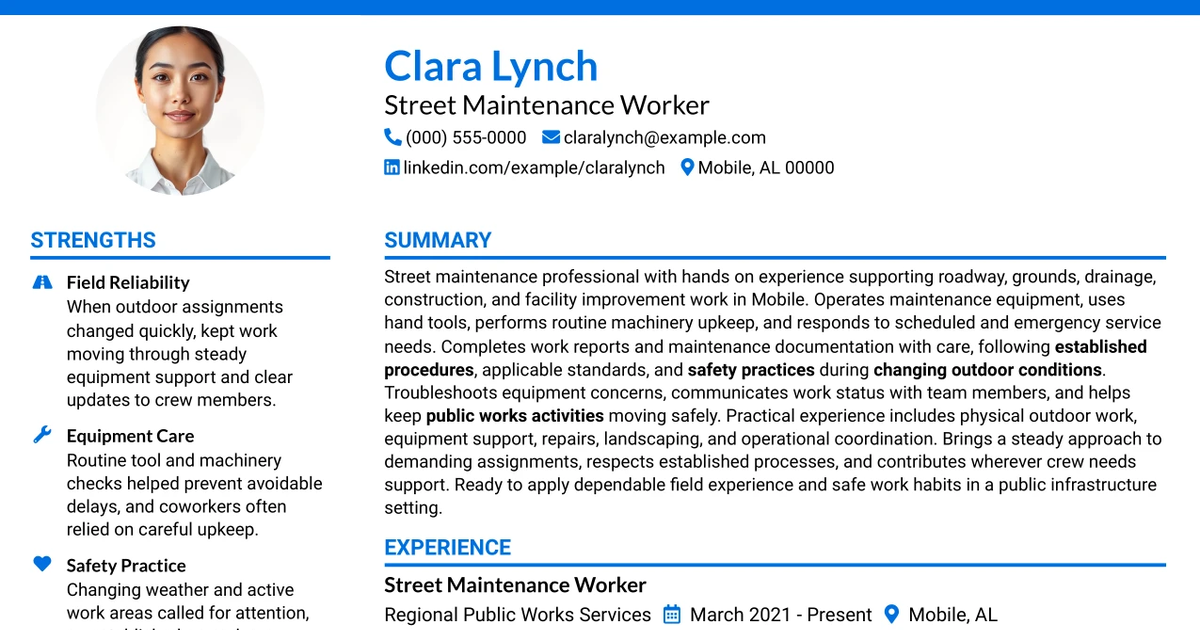 33 Street Maintenance Worker Resume Templates with Example