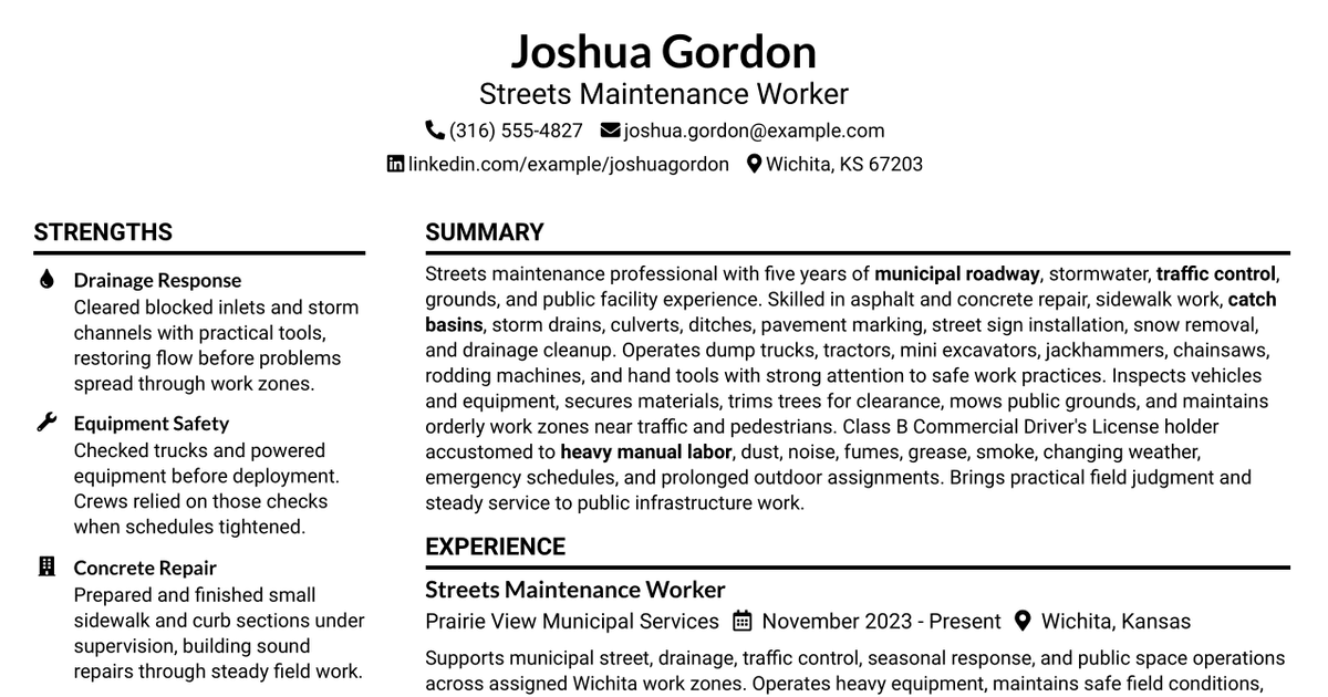 7 Streets Maintenance Worker Resume Templates with Example