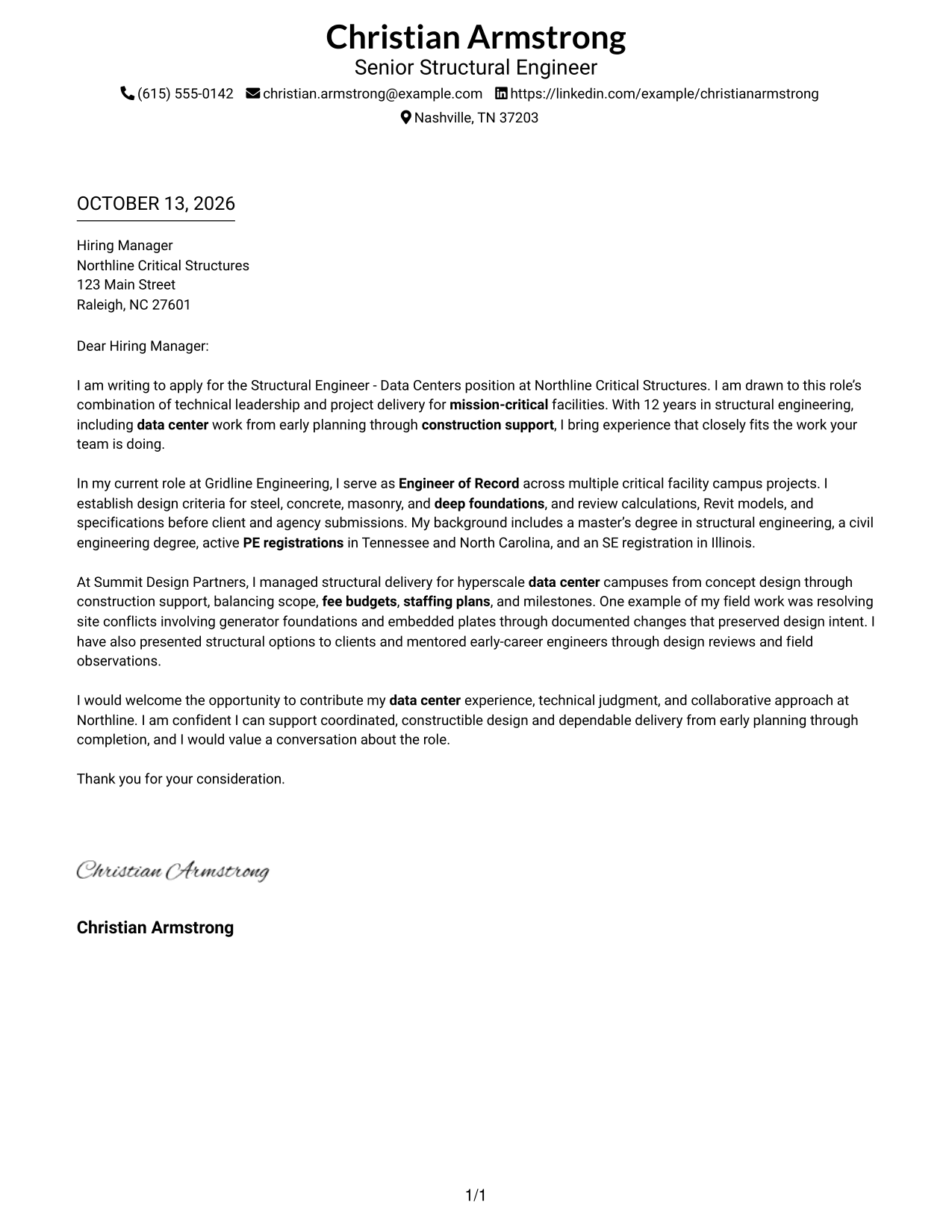 Cover Letter Example Page 1
