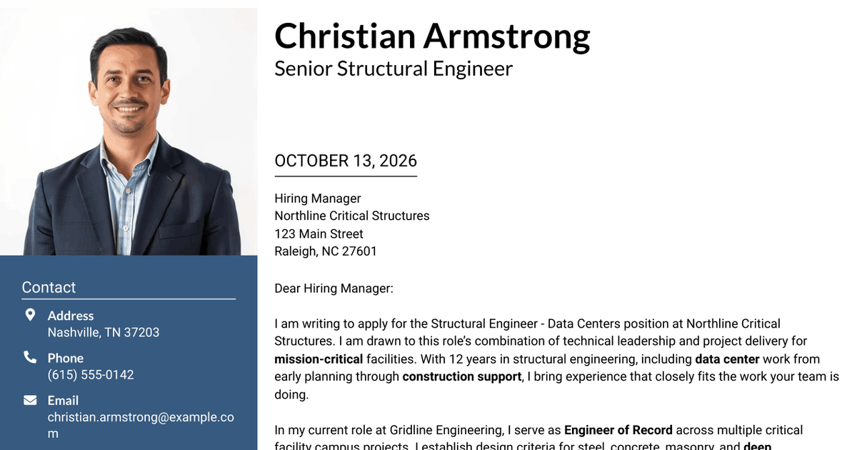 7 Structural Engineer - Data Centers Cover Letter Templates with Example