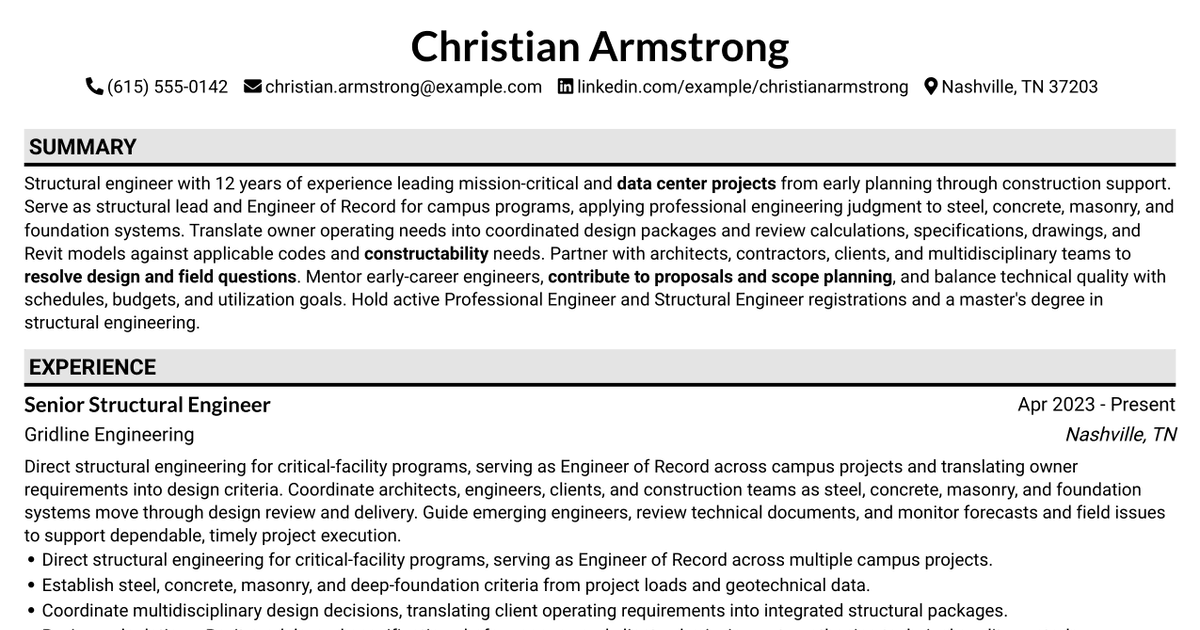 7 Structural Engineer - Data Centers Resume Templates with Example