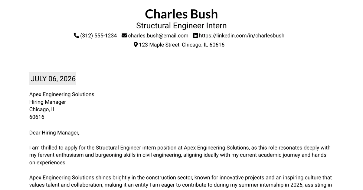 30+ Structural Engineer Intern Cover Letter Templates with Example 2026