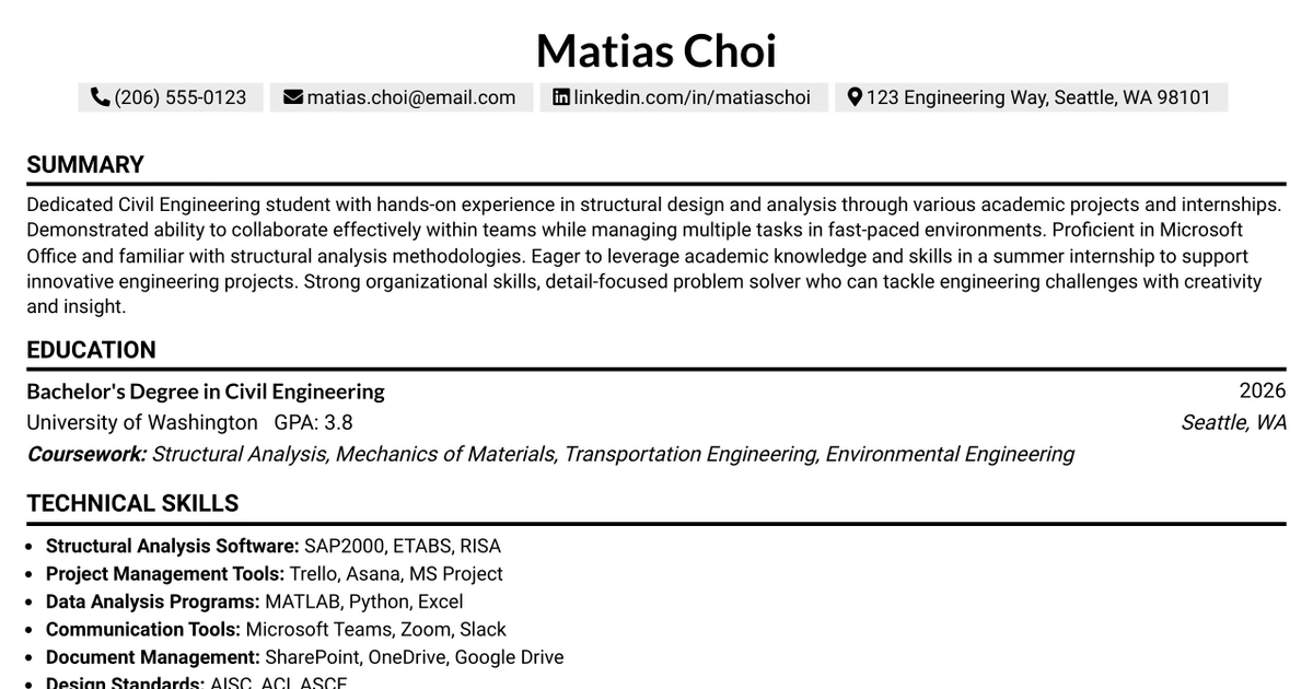 33 Structural Engineering Internship Resume Templates with Example 2026 (ATS-Optimized)