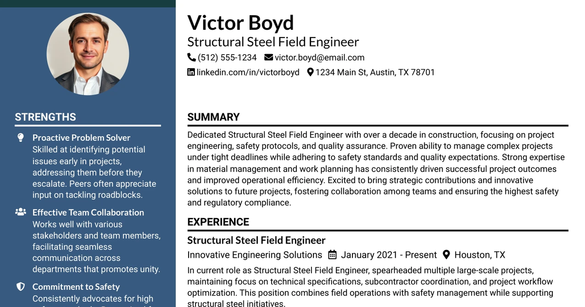 33 Structural Steel Field Engineer Resume Templates with Example 2026 (ATS-Optimized)