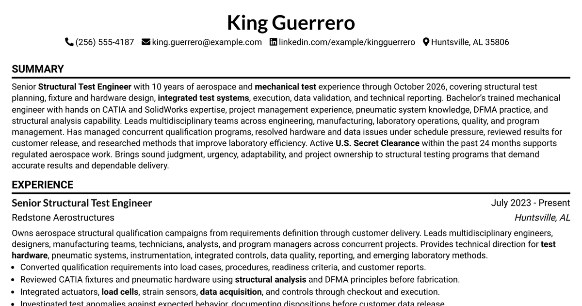 7 Structural Test Engineer (Associate, Experienced, or Senior) Resume Templates with Example