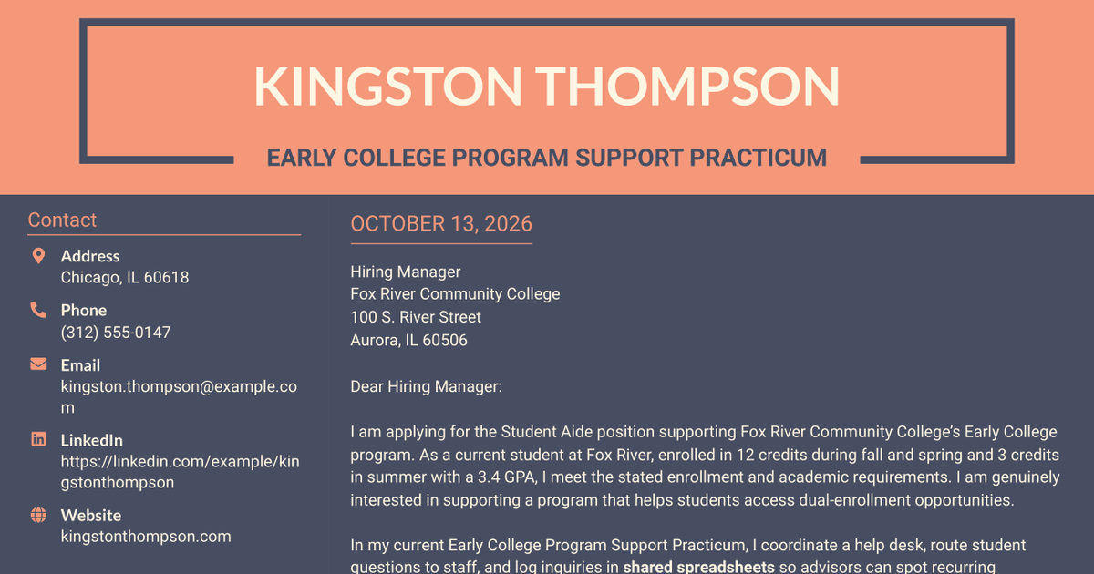 7 Student Aide - Early College Program Support Cover Letter Templates with Example