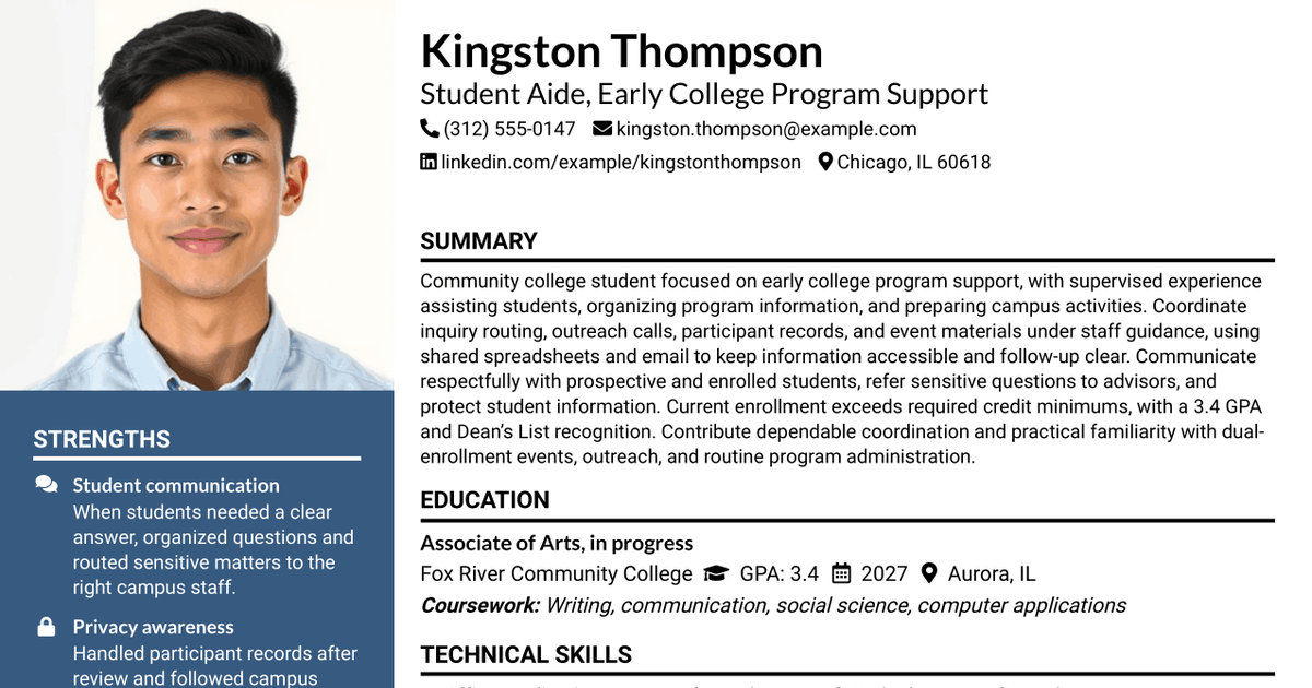 7 Student Aide - Early College Program Support Resume Templates with Example