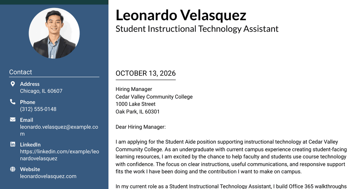 7 Student Aide - Instructional Technology Cover Letter Templates with Example