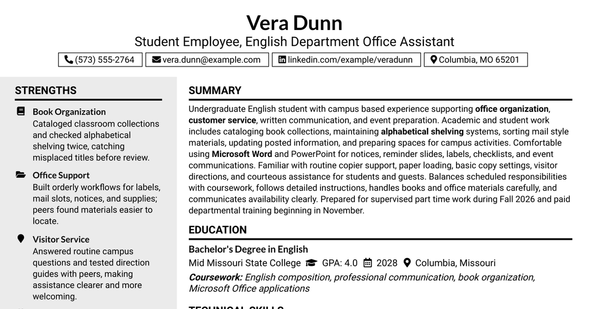 7 Student Employee - English Department Office Assistant Resume Templates with Example