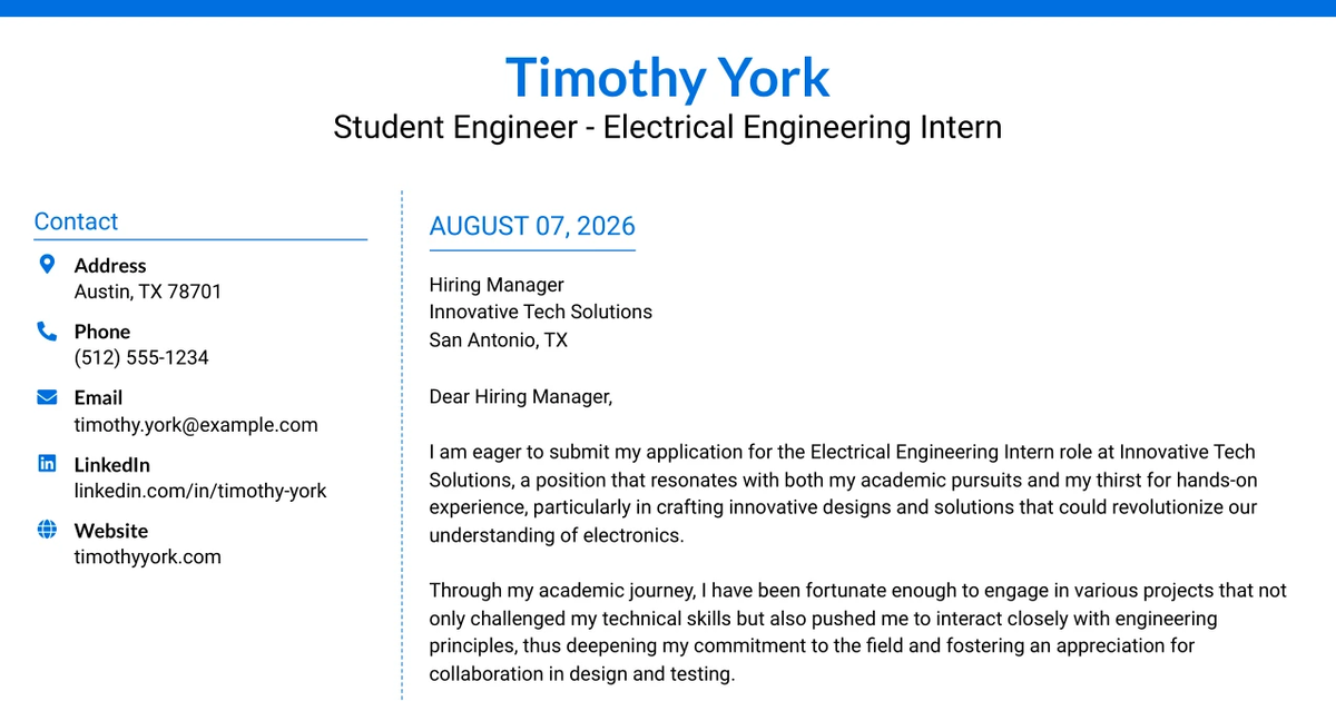 30+ STUDENT ENGINEER - Electrical Engineering Intern Cover Letter Templates with Example 2026