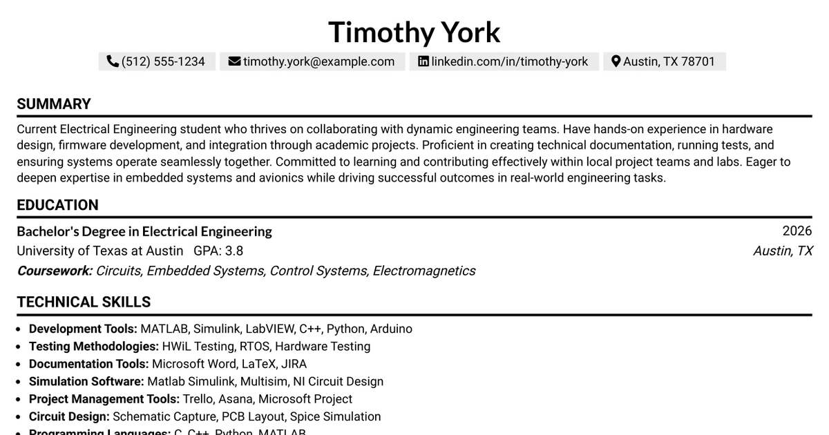 33 STUDENT ENGINEER - Electrical Engineering Intern Resume Templates with Example 2026 (ATS-Optimized)