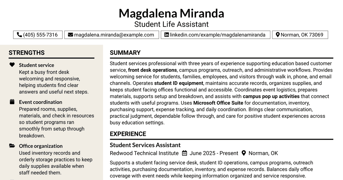 7 Student Life Assistant Resume Templates with Example