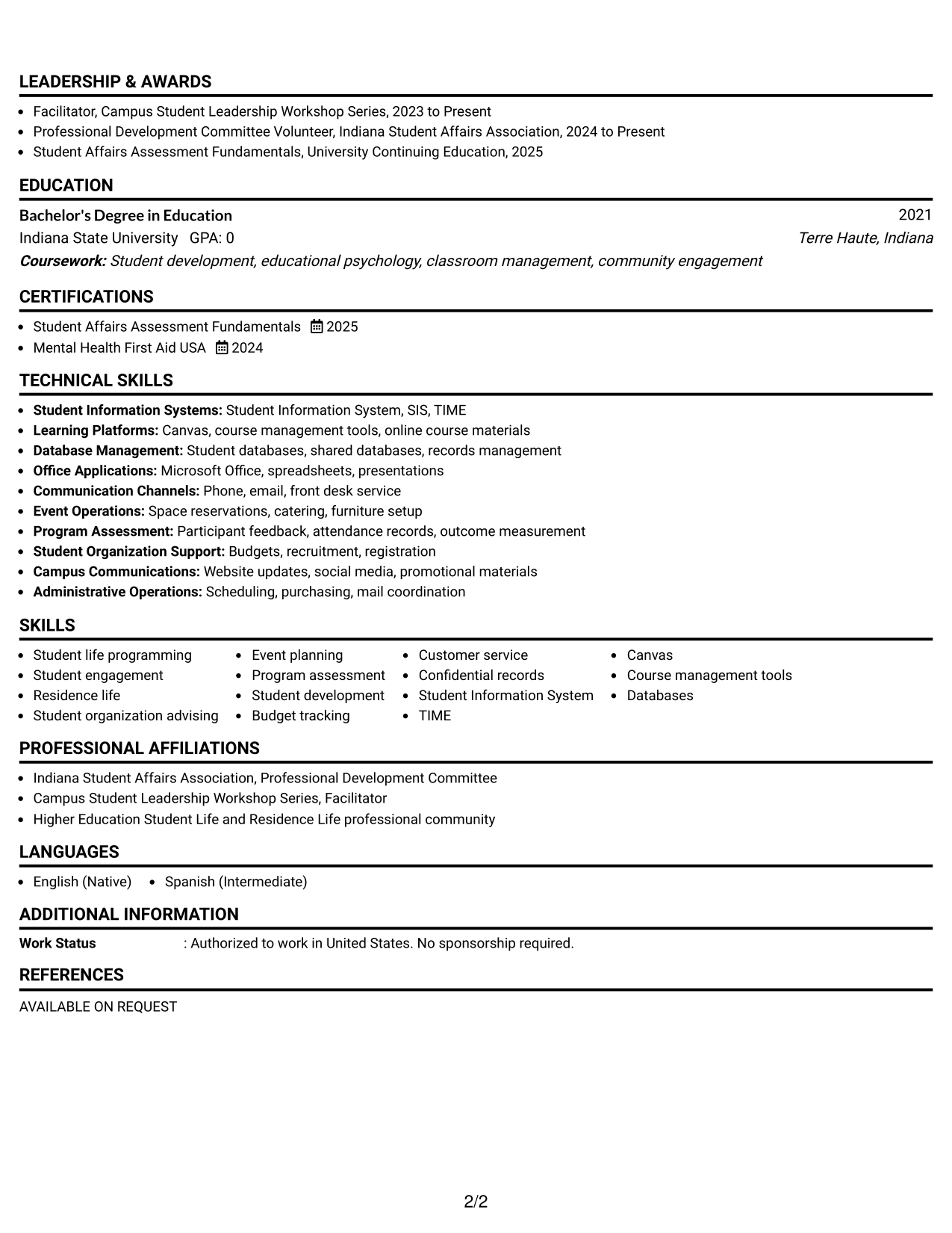 Resume Example Page 2