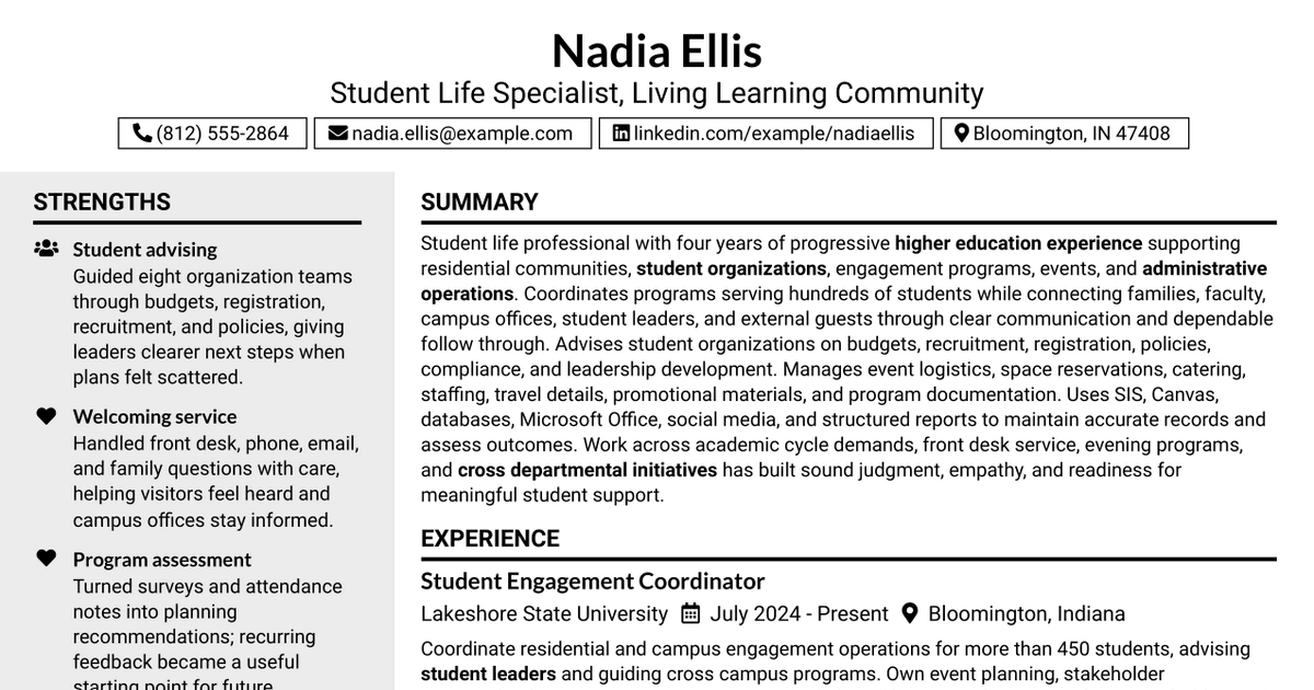 7 Student Life Specialist - Living Learning Community Resume Templates with Example