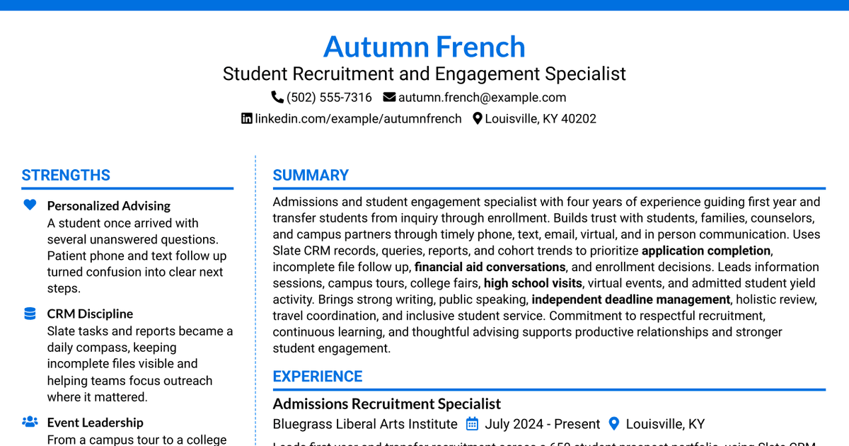 7 Student Recruitment & Engagement Specialist Resume Templates with Example
