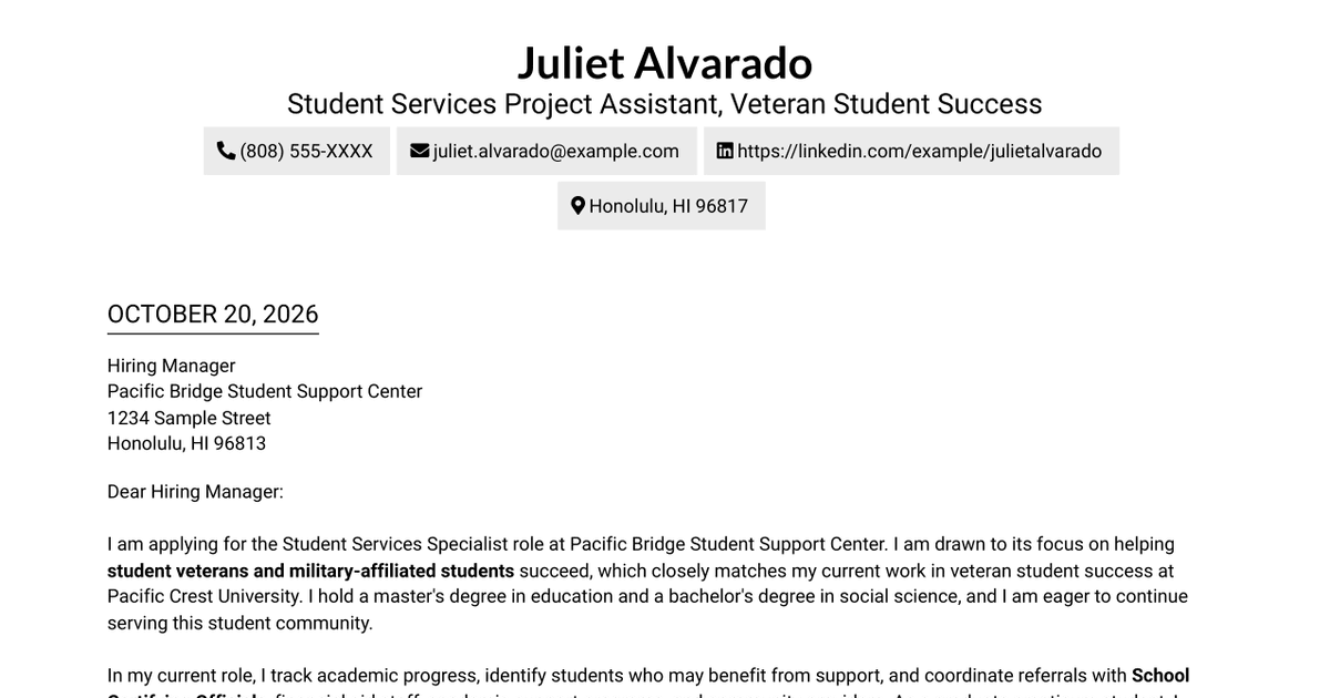 7 Student Services Specialist - Veteran Student Success Cover Letter Templates with Example