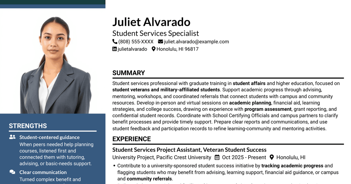 7 Student Services Specialist - Veteran Student Success Resume Templates with Example