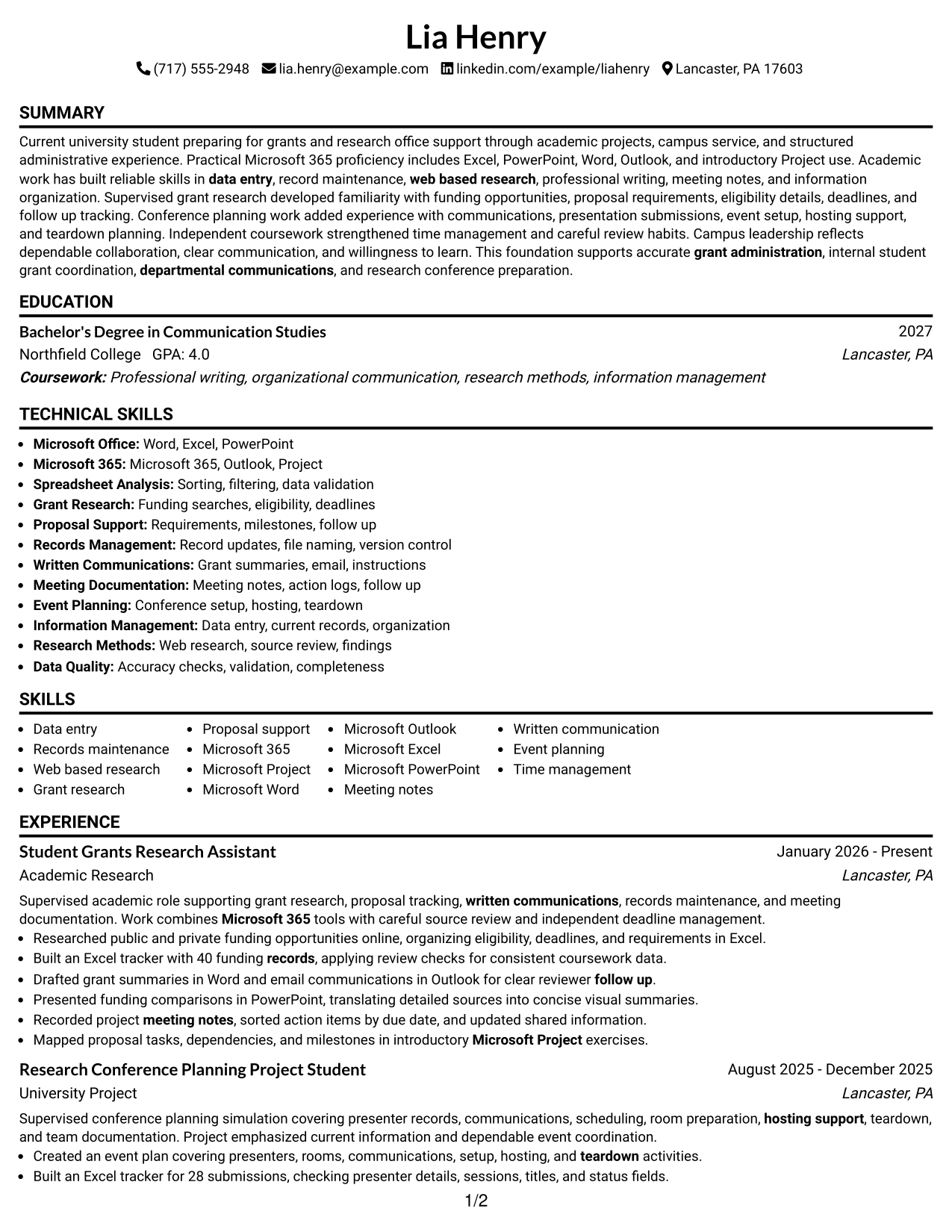 Resume Example Page 1
