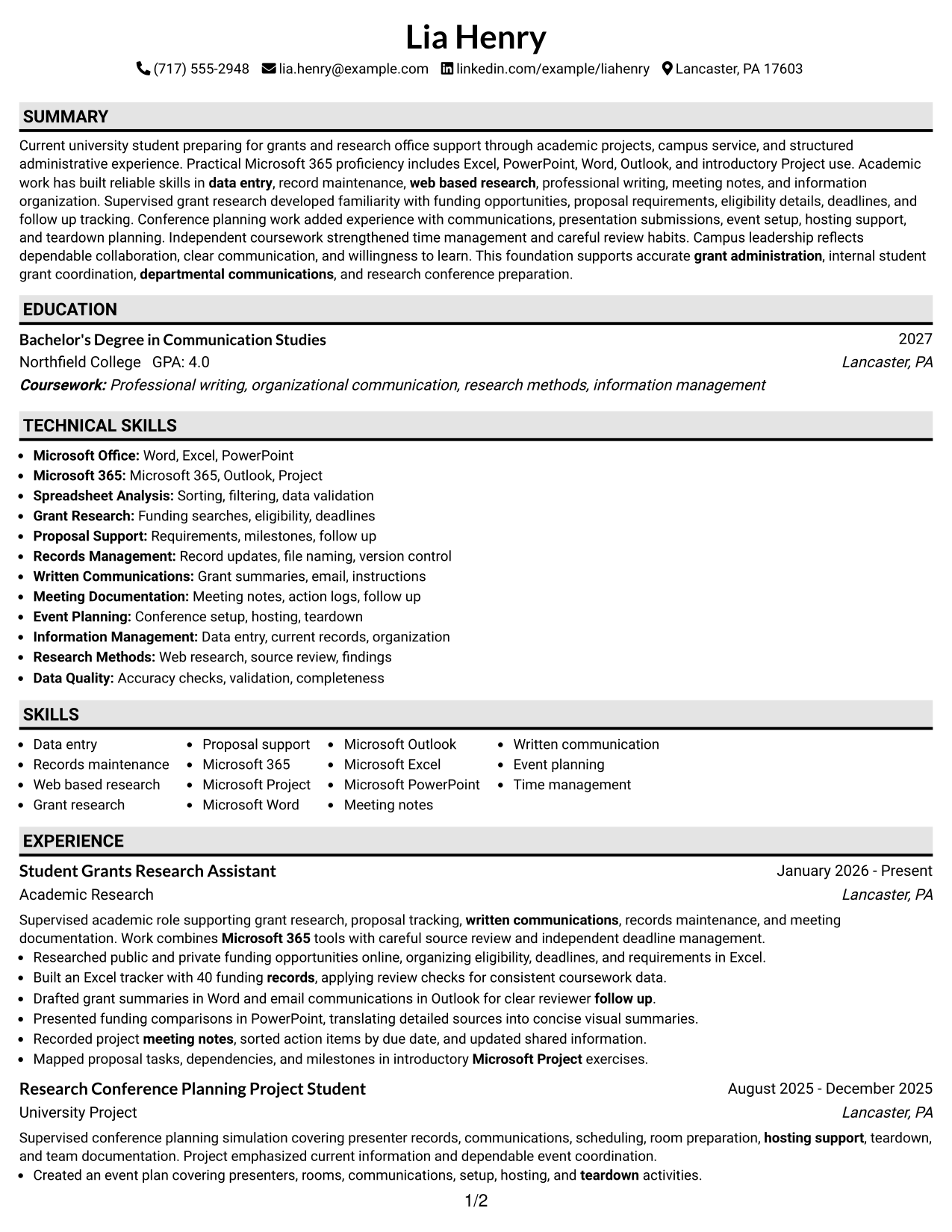 Resume Example Page 1
