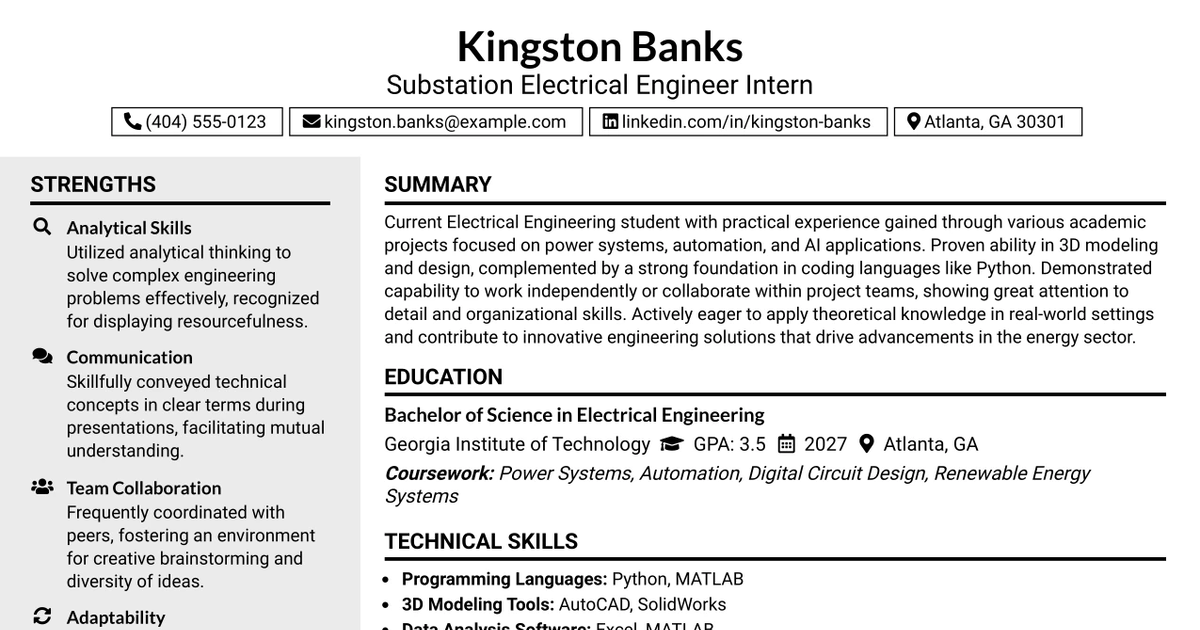 33 Substation Electrical Engineer Intern Resume Templates with Example 2026 (ATS-Optimized)