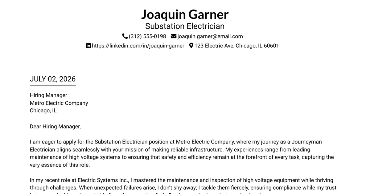 30+ Substation Electrician Cover Letter Templates with Example 2026