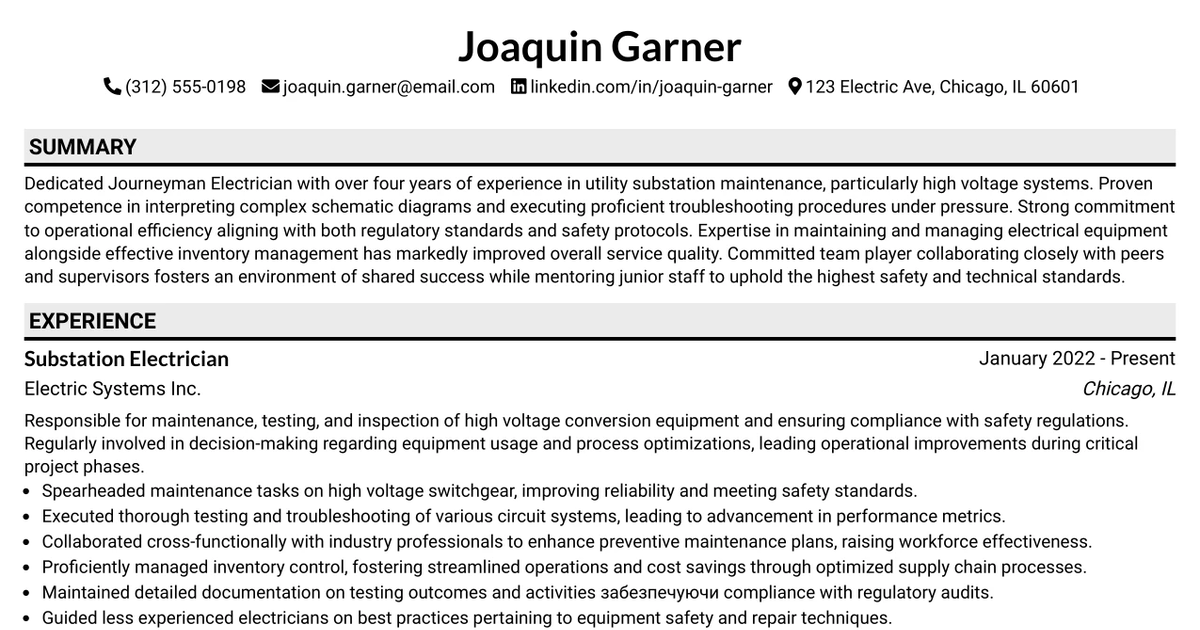 33 Substation Electrician Resume Templates with Example 2026 (ATS-Optimized)