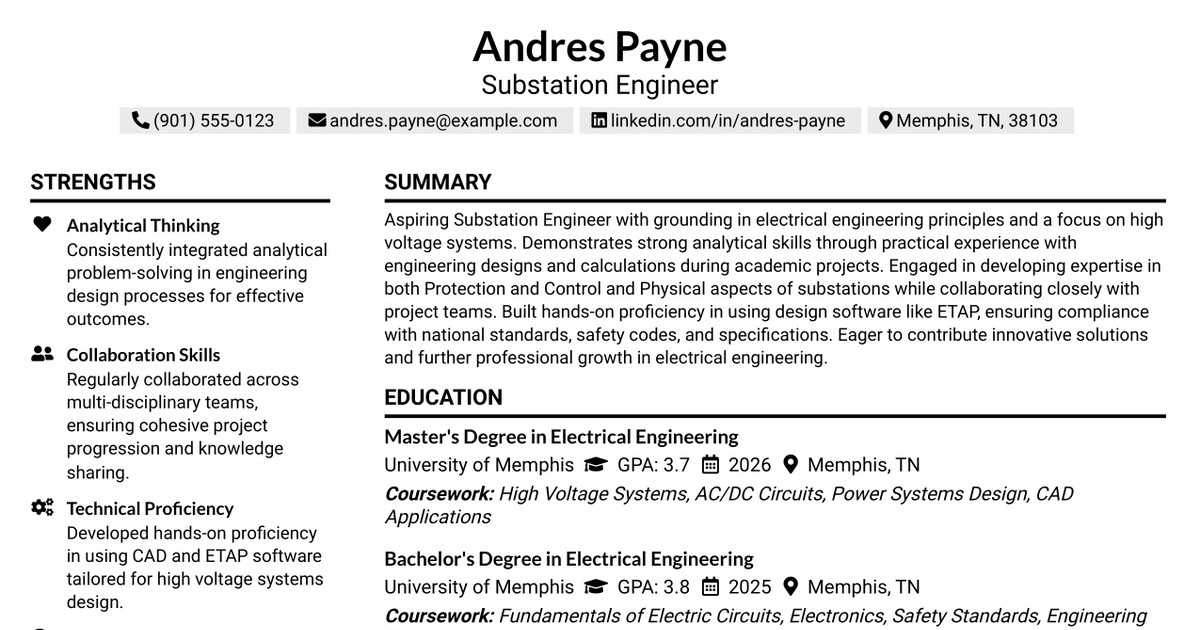 33 Substation Engineer Resume Templates with Example 2026 (ATS-Optimized)
