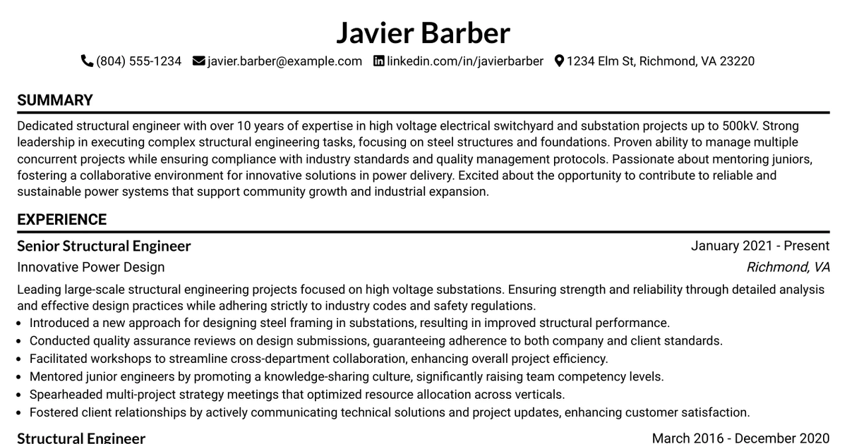 33 Substation Senior Structural Engineer Resume Templates with Example 2026 (ATS-Optimized)