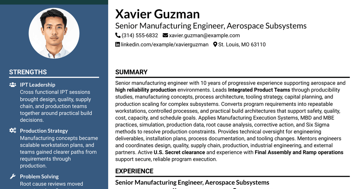 7 Subsystems Manufacturing Engineer - Experienced or Senior Resume Templates with Example