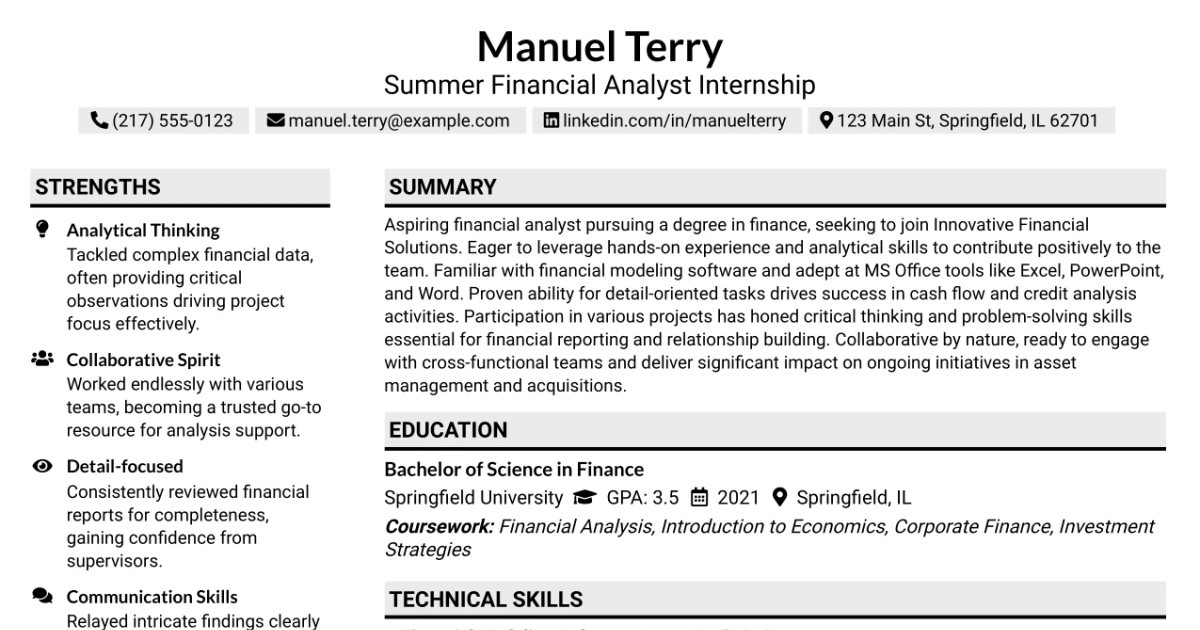 33 Summer Financial Analyst Internship Resume Templates with Example 2026 (ATS-Optimized)