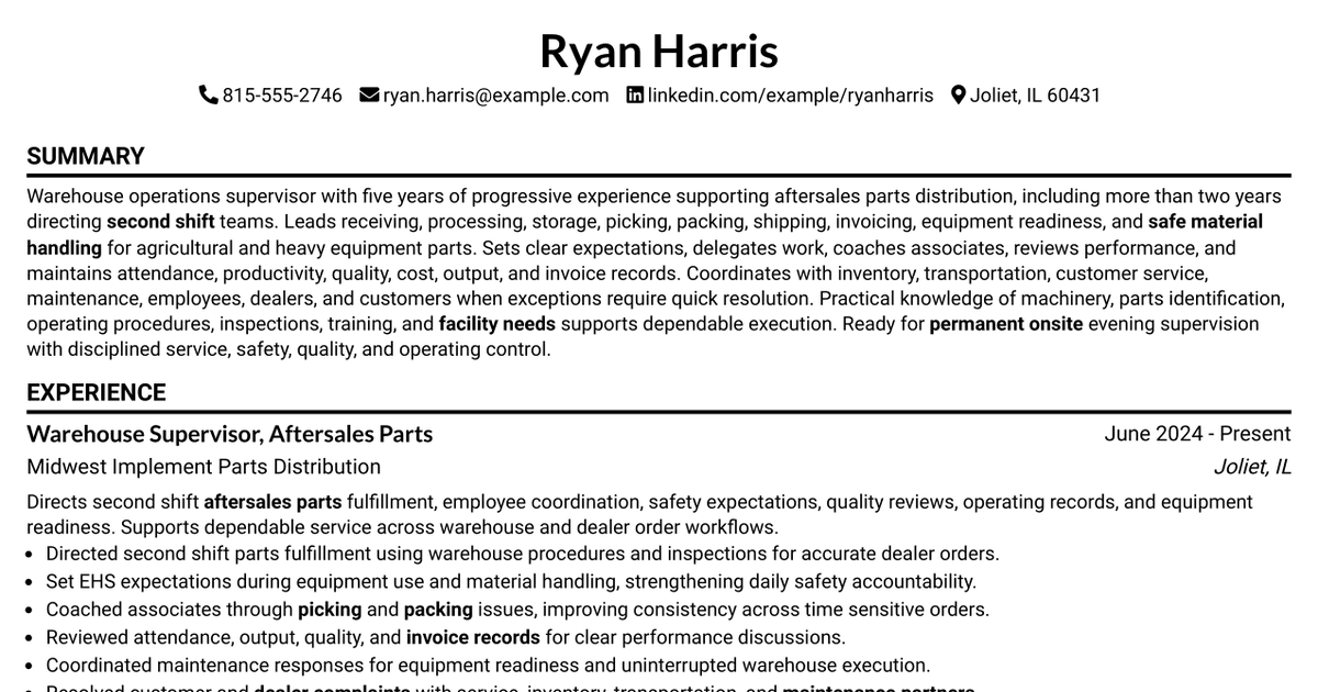 7 Supervisor, Aftersales Parts, Warehousing Resume Templates with Example