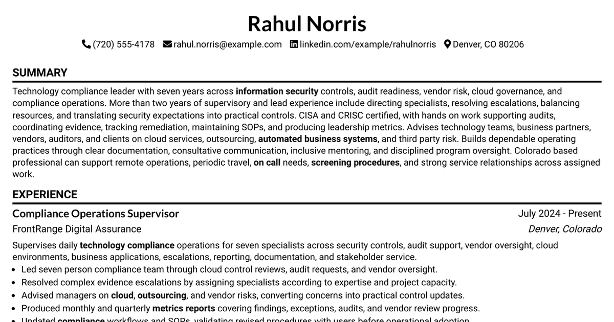 7 Supervisor, Compliance - Technology Compliance Resume Templates with Example