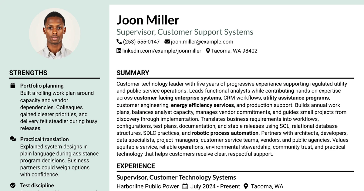 33 Supervisor, Customer Support Systems - Utility Customer Technology Resume Templates with Example 2026 (ATS-Optimized)