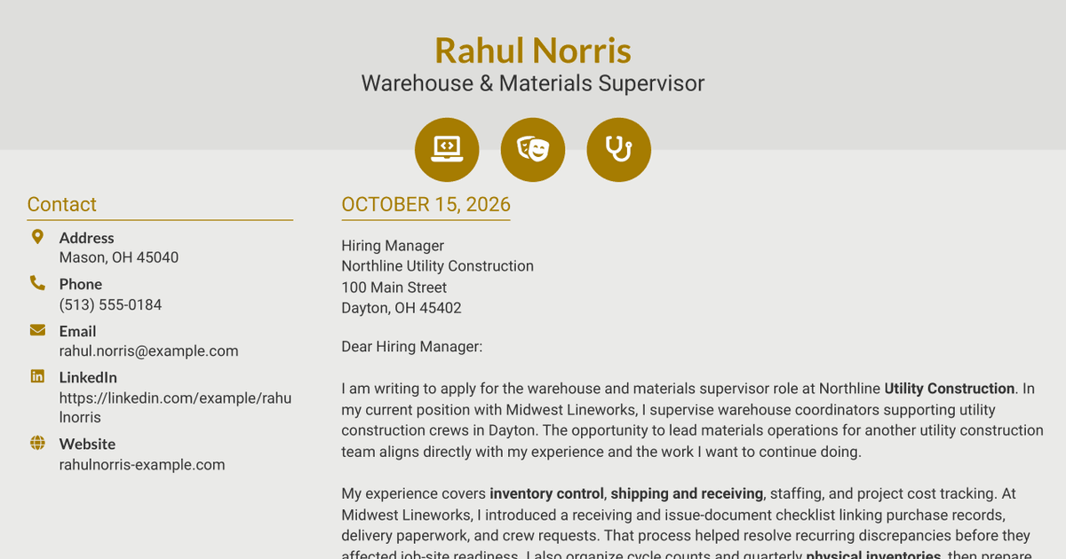 7 Supervisor, Warehouse & Materials Cover Letter Templates with Example