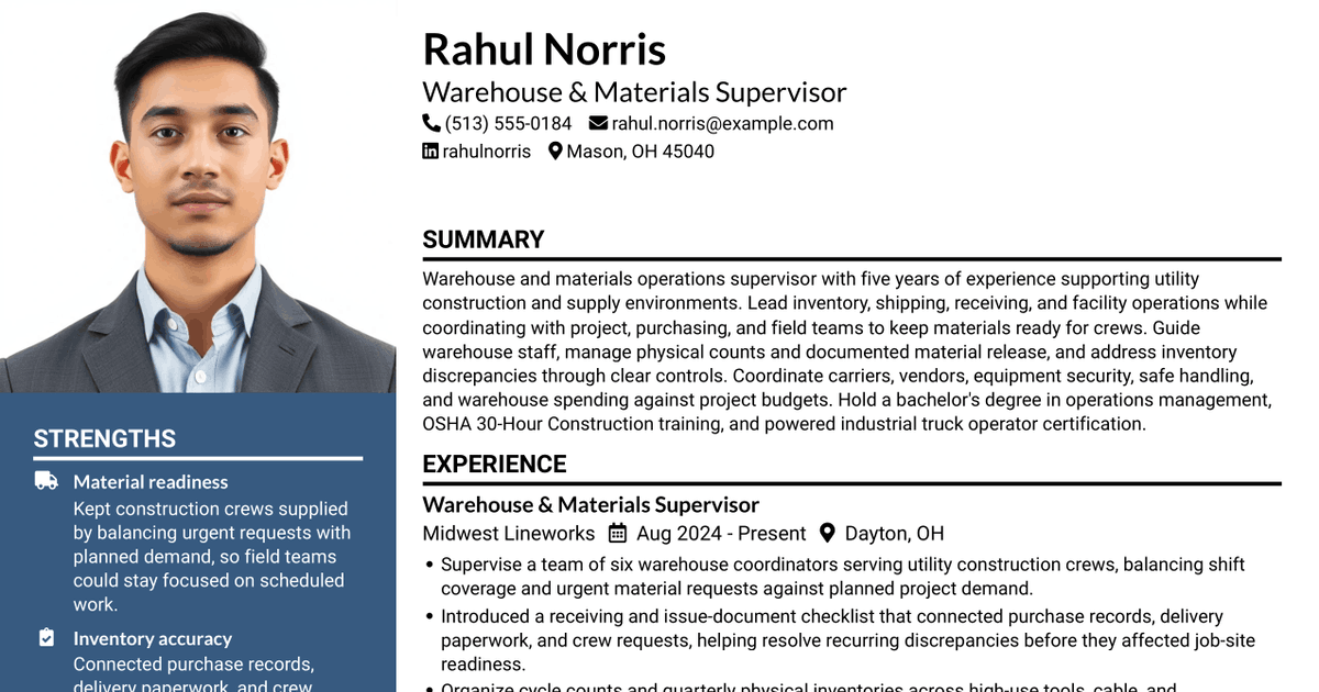 7 Supervisor, Warehouse & Materials Resume Templates with Example
