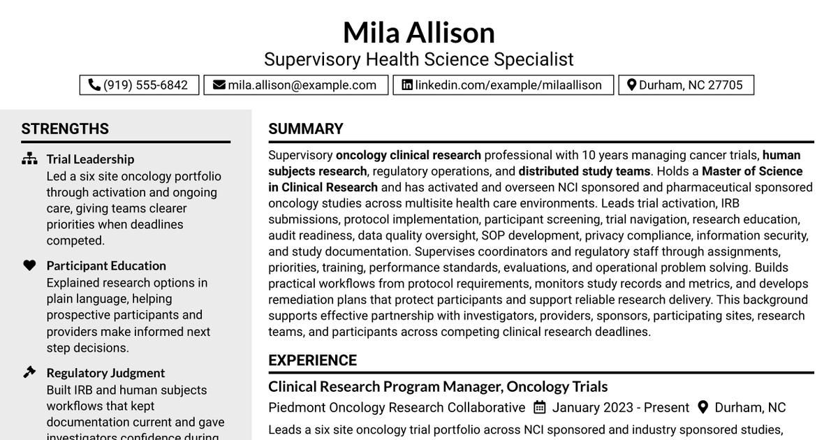 7 Supervisory Health Science Specialist Resume Templates with Example