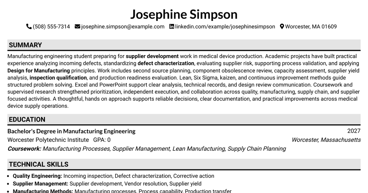 7 Supplier Development Engineer Co-Op Resume Templates with Example
