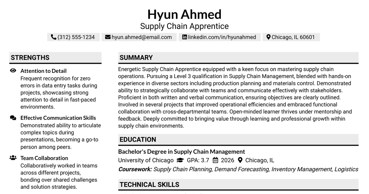 33 Supply Chain Apprentice Resume Templates with Example 2026 (ATS-Optimized)