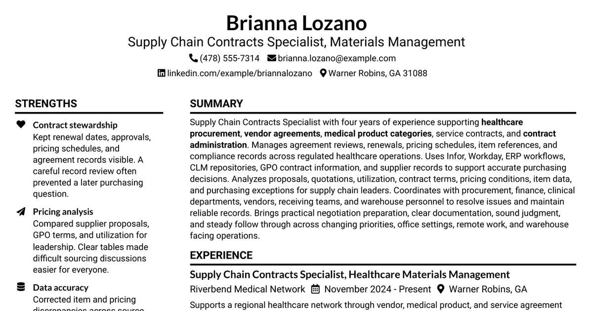 7 Supply Chain Contracts Specialist - Materials Management Resume Templates with Example
