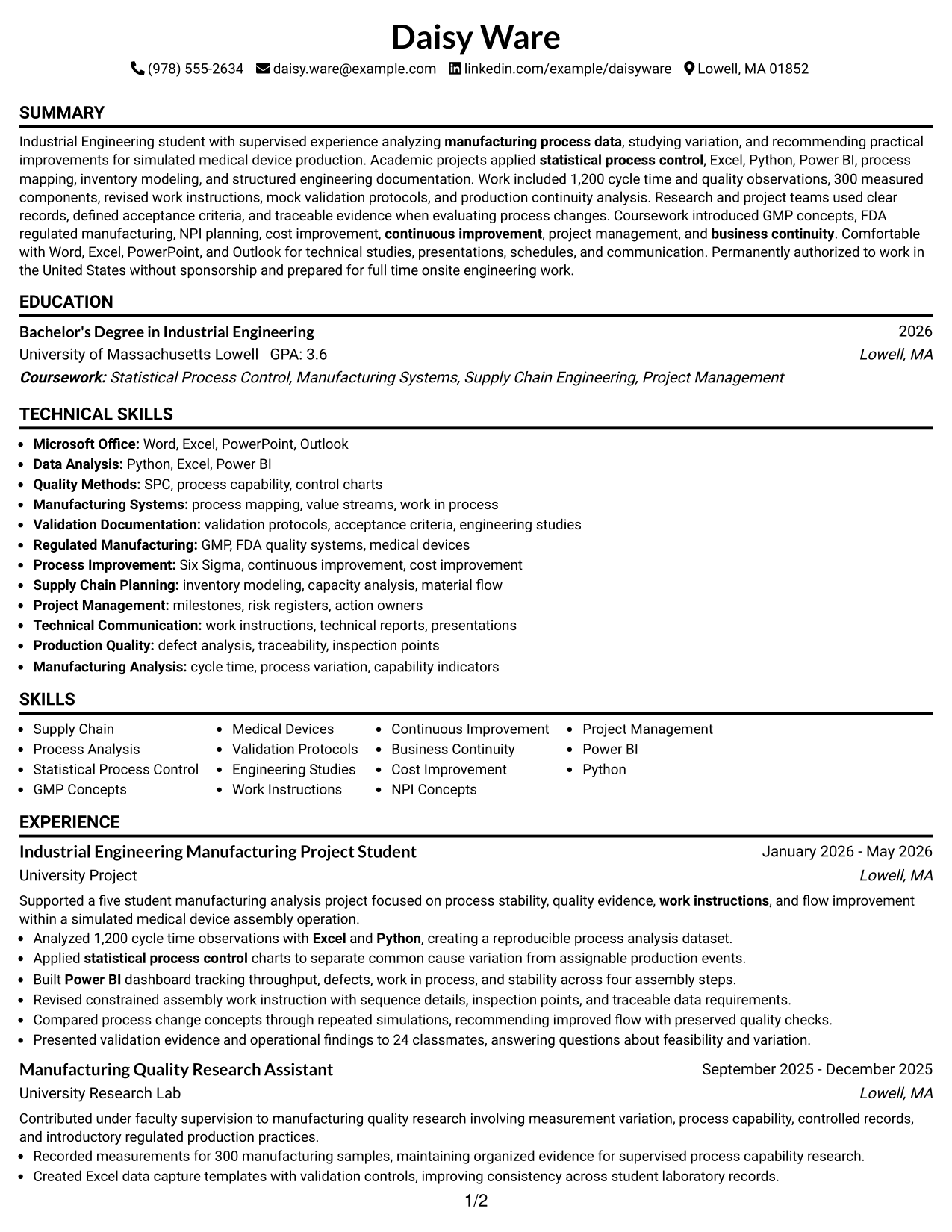 Resume Example Page 1
