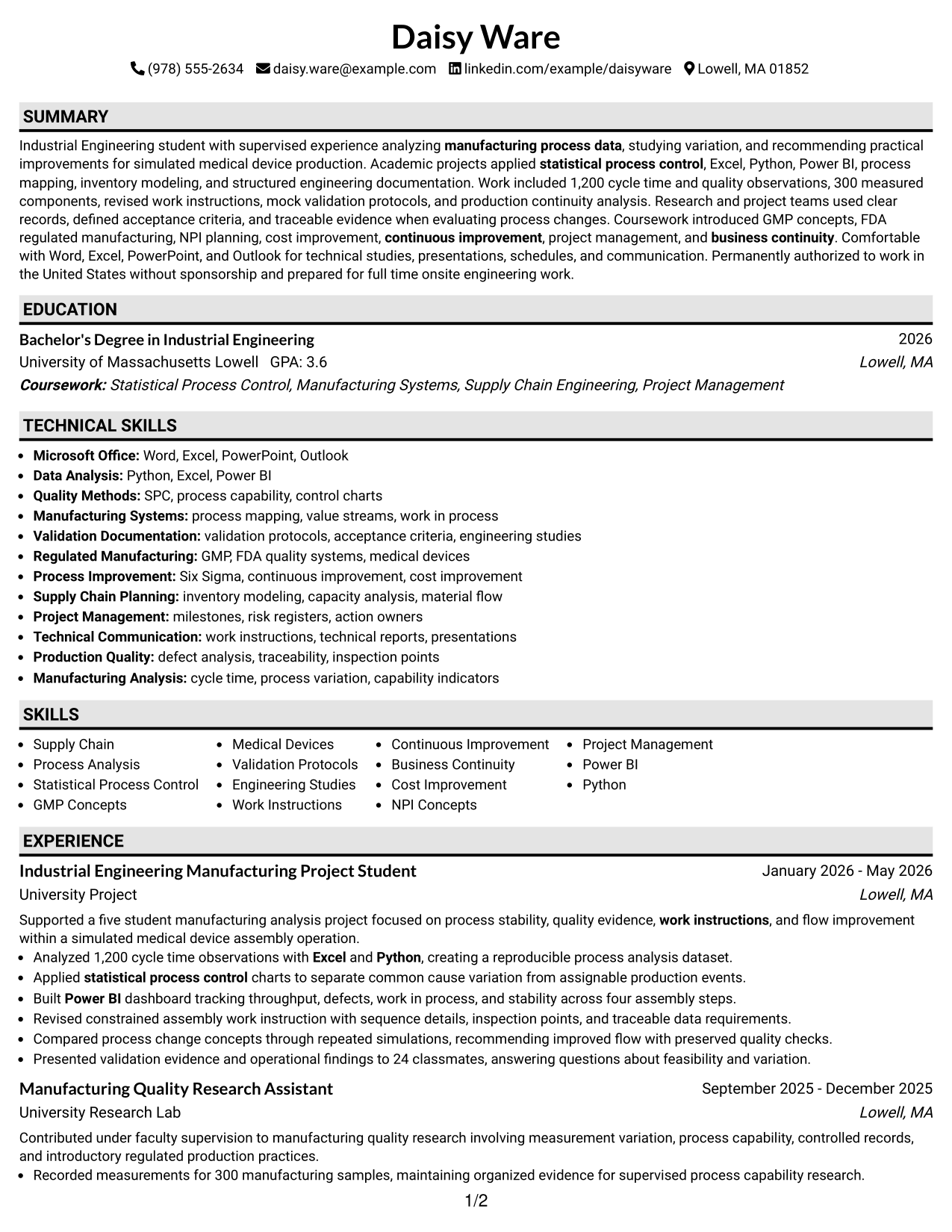 Resume Example Page 1